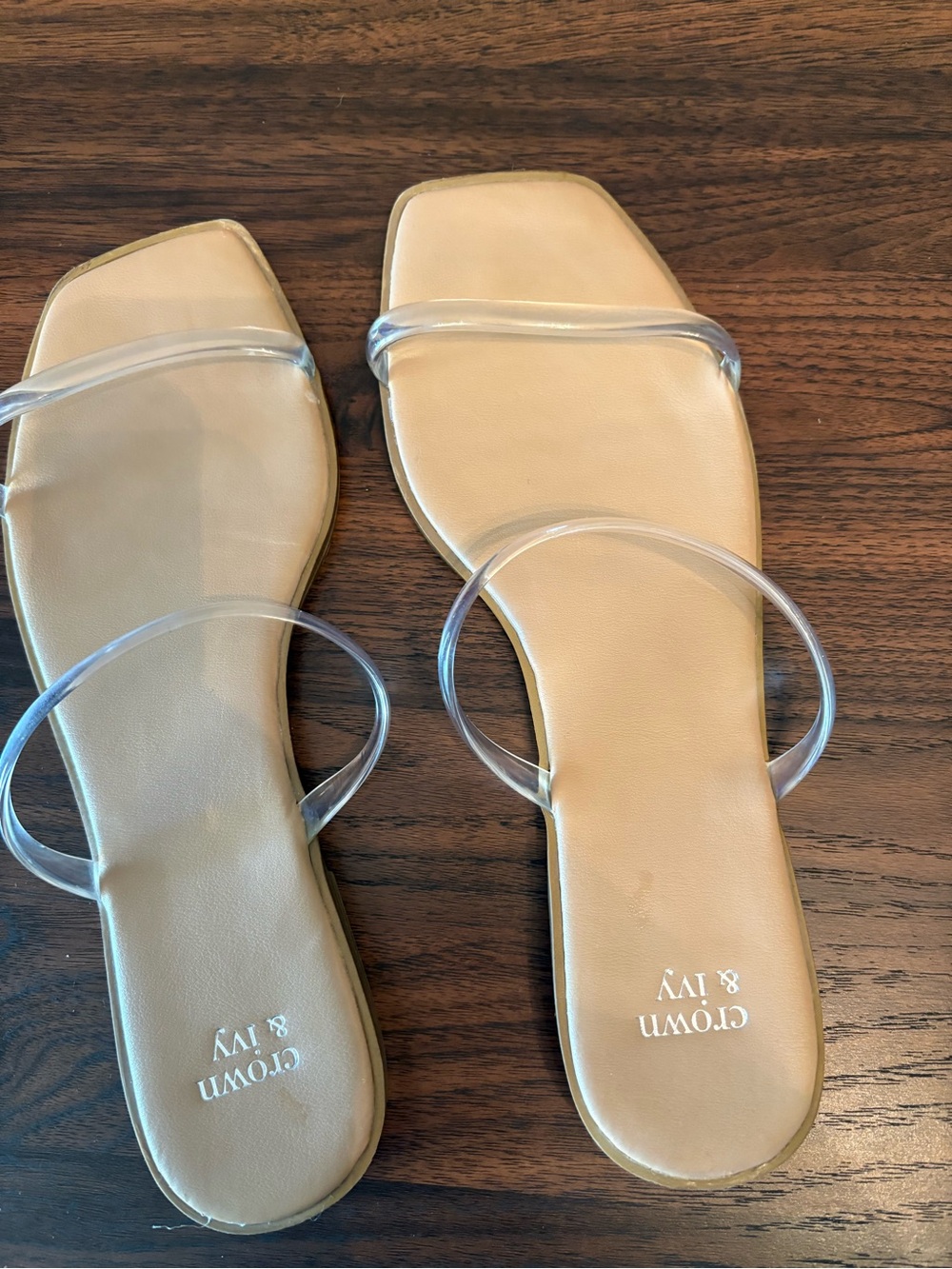 crown & ivy Tan Slide Sandals with Clear Straps